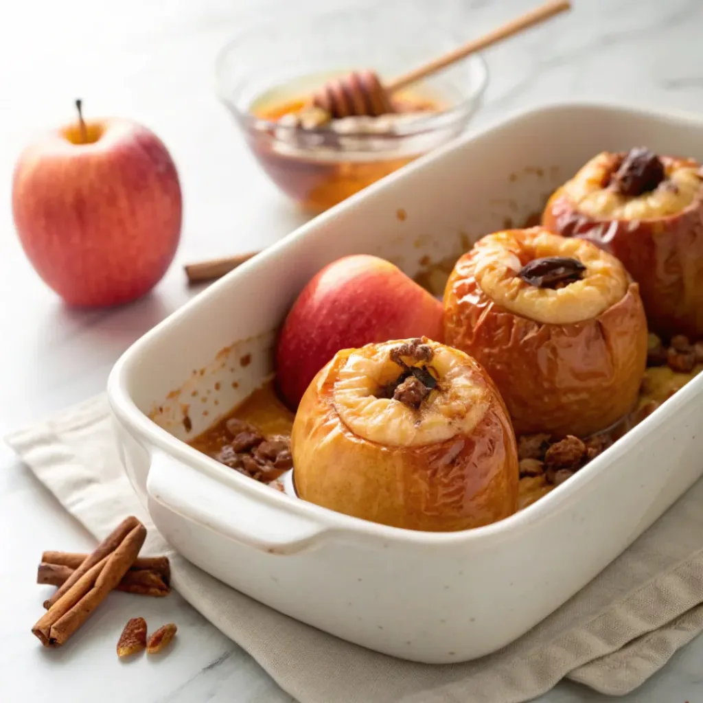 Home 6 Honey baked apples filled with cinnamon and pecans, tender and caramelized with honey glaze.