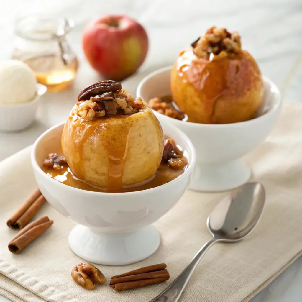 Honey Baked Apples - Tender Sweet Cinnamon Autumn Treats 8 Warm honey baked apples served with vanilla ice cream, cinnamon, pecans, and honey syrup.
