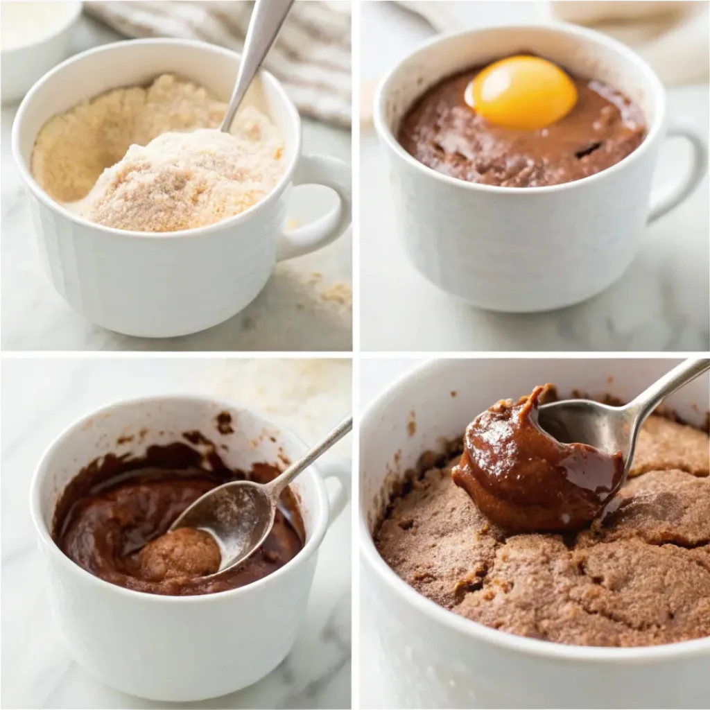 Nutella Mug Cake - Fast 3-Ingredient Microwave Dessert 7 Step-by-step collage showing mixing Nutella, egg, and flour in a mug, microwaving, and serving the Nutella mug cake.