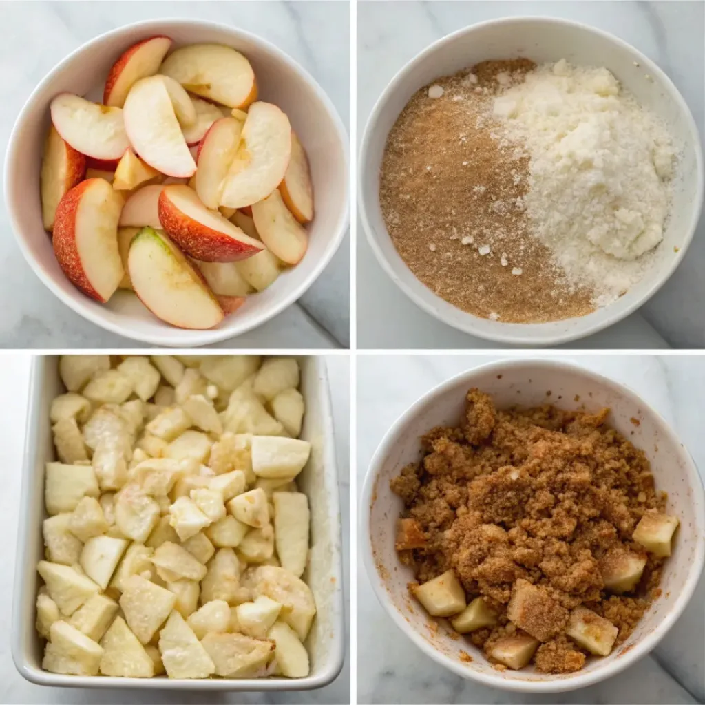 Step-by-step collage showing slicing apples, preparing the crumb topping, layering the filling, baking, and serving.