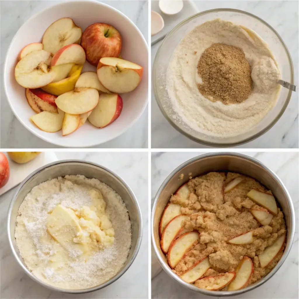 Apple Cake with Almond Flour - Moist Tender Autumn Dessert 7 Step-by-step collage showing preparing apples, mixing almond flour batter, arranging apples, baking, cooling, and slicing cake.