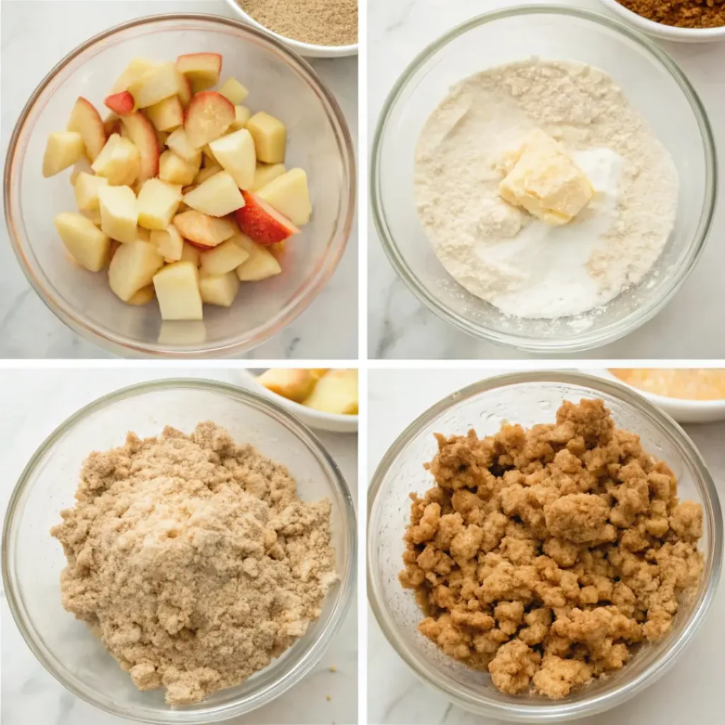 Apple Cinnamon Oatmeal Cookies - Chewy Glazed Autumn Bakery Treats 7 Step-by-step collage showing preparing apples, mixing oatmeal cookie dough, scooping, baking, cooling, and breaking open cookies.