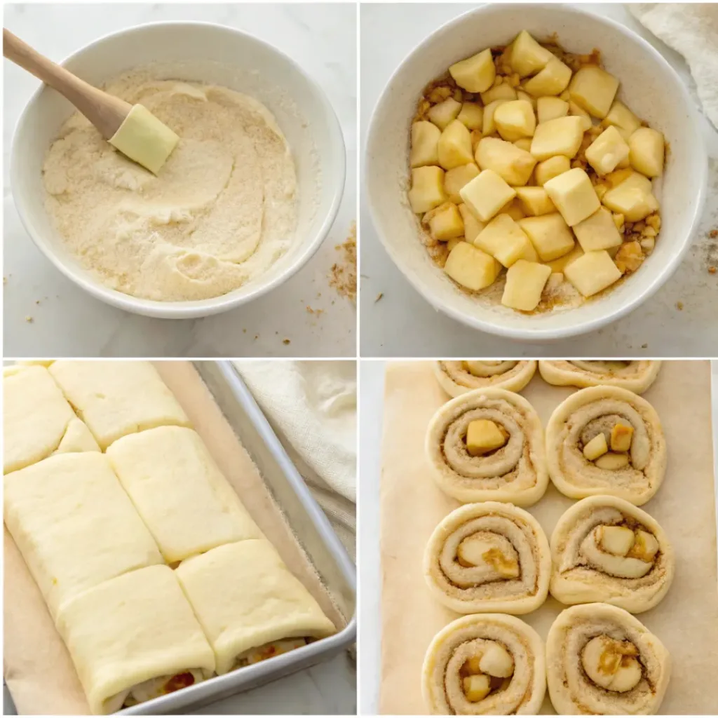 Apple Cinnamon Rolls - Soft Gooey Autumn Bakery Bakes 7 Step-by-step collage showing making the dough, adding cinnamon filling and apples, rolling, slicing, baking, and glazing apple cinnamon rolls.