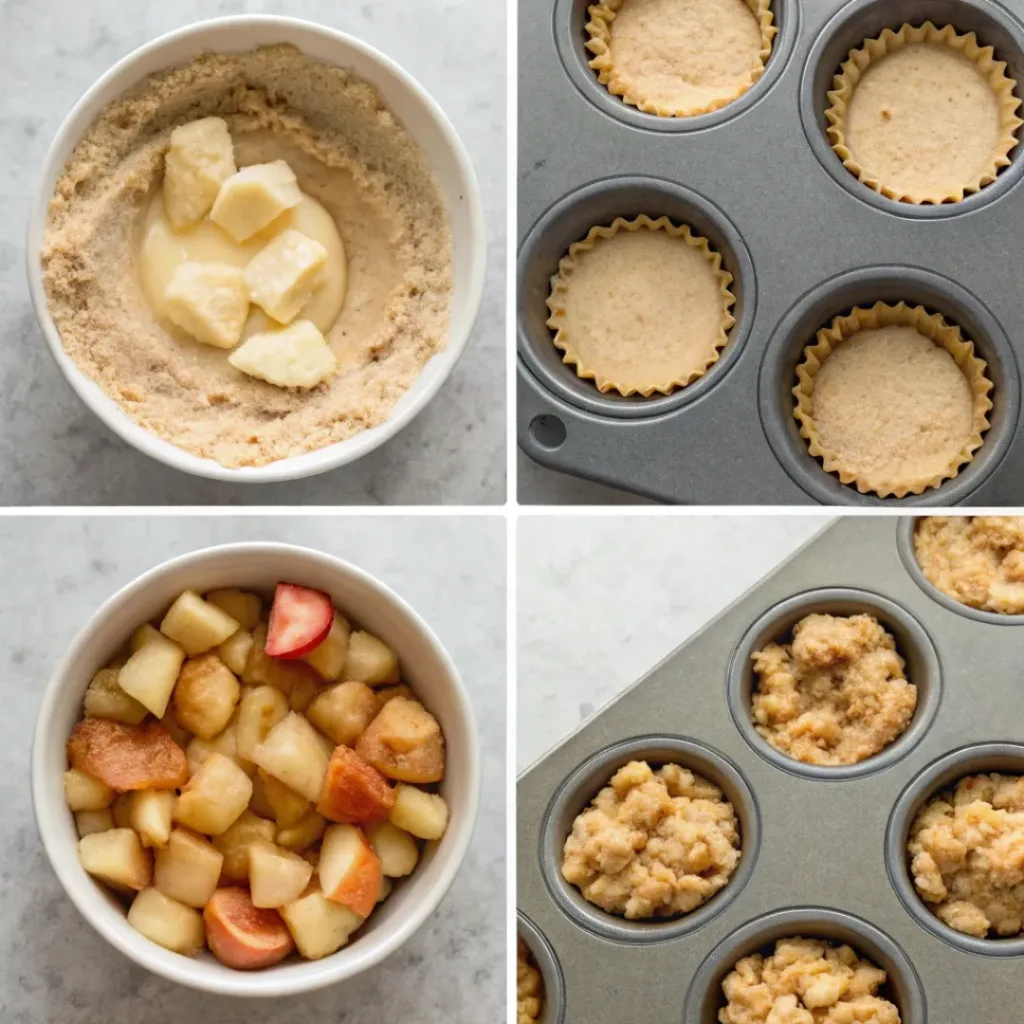 Apple Crisp Cookie Cups - Easy Chewy Autumn Treat 7 Step-by-step collage showing making the cookie dough, shaping the cups, preparing the apple filling, adding crumble topping, baking, and serving apple crisp cookie cups.