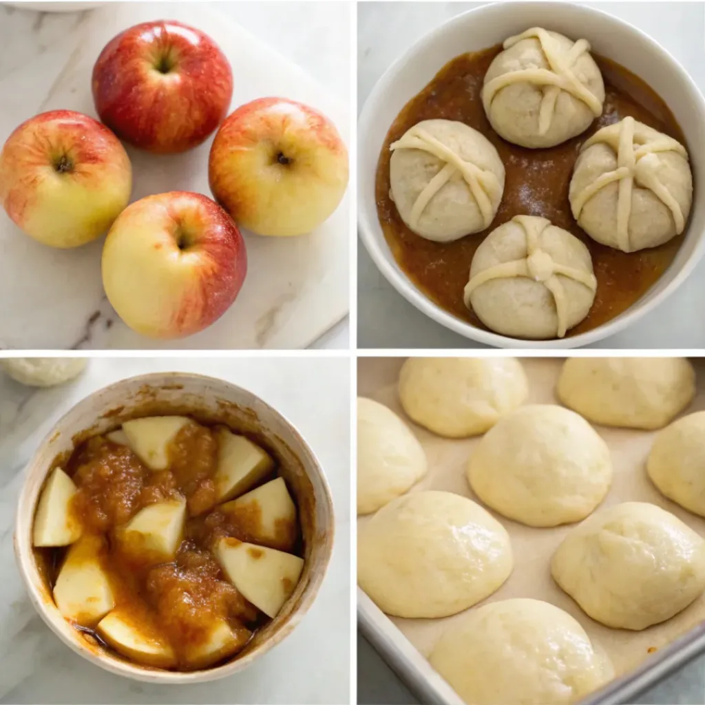 Apple Dumplings - Easy Old-Fashioned Comfort Treat 7 Step-by-step collage showing peeling apples, wrapping them in pastry, adding cinnamon syrup, baking, and serving apple dumplings.