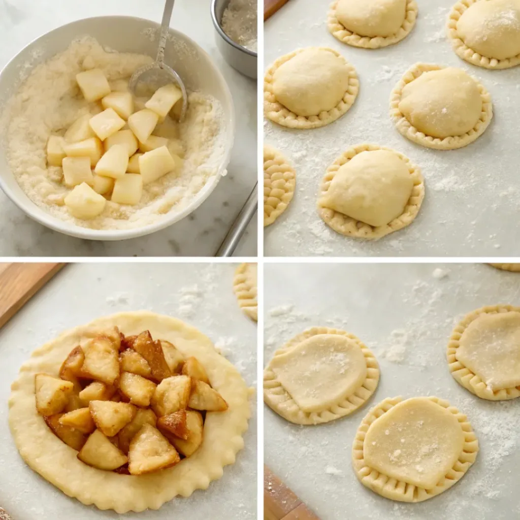 Apple Hand Pies - Flaky Golden Pocket Bakery Treats 7 Step-by-step collage showing making pastry, cooking cinnamon apples, filling dough, sealing, baking, and glazing hand pies.