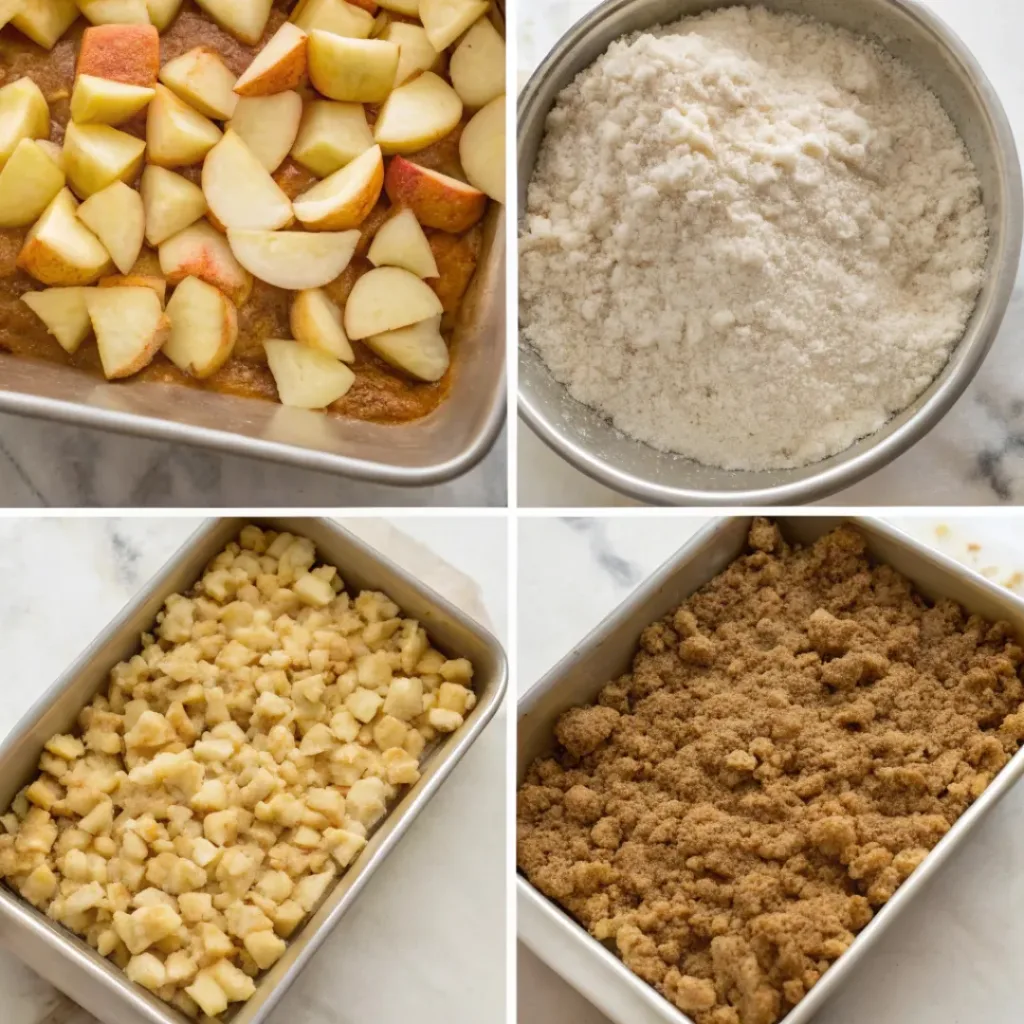 Apple Crumble Oatmeal Bars - Chewy Spiced Autumn Bakery Squares 7 Step-by-step collage showing preparing apples, making oat crumble, layering apple filling, baking, cooling, and slicing crumb bars.