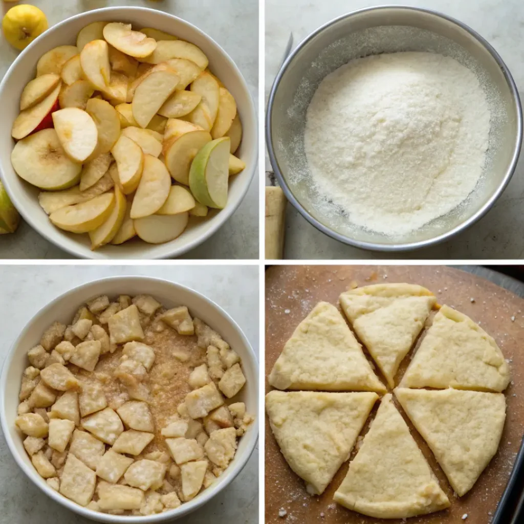 Apple Pan Dowdy - Flaky Spiced Old-Fashioned Autumn Dessert 7 Step-by-step collage showing preparing apples, making pastry, assembling the filling, baking, and serving apple pan dowdy.