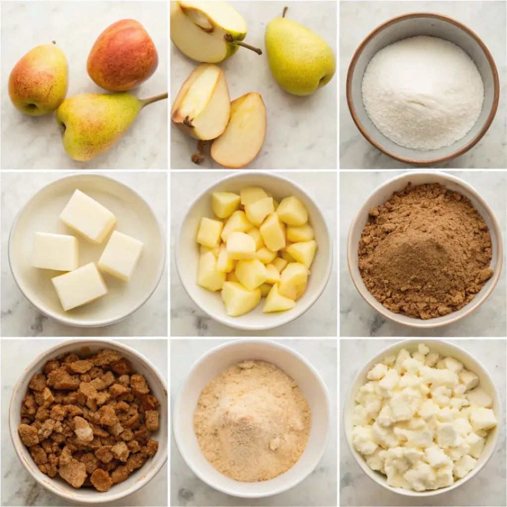 Apple Pear Coffee Cake - Moist Cinnamon Streusel Cake 7 Step-by-step collage showing preparing apples and pears, mixing batter, making streusel, layering fruit, baking, and slicing.