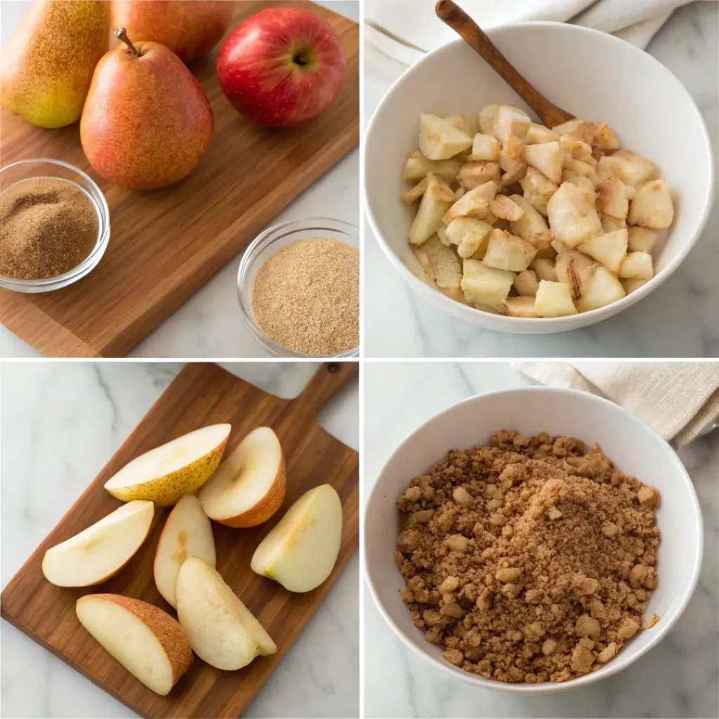 Step-by-step collage showing slicing apples and pears, preparing the fruit filling, making oat crumble, assembling, baking, and serving.