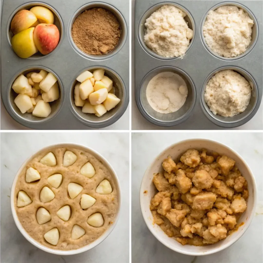 Apple Pear Muffins - Fluffy Moist Spiced Autumn Treats 7 Step-by-step collage showing preparing fruit, mixing muffin batter, making streusel, filling muffin cups, baking, and serving.