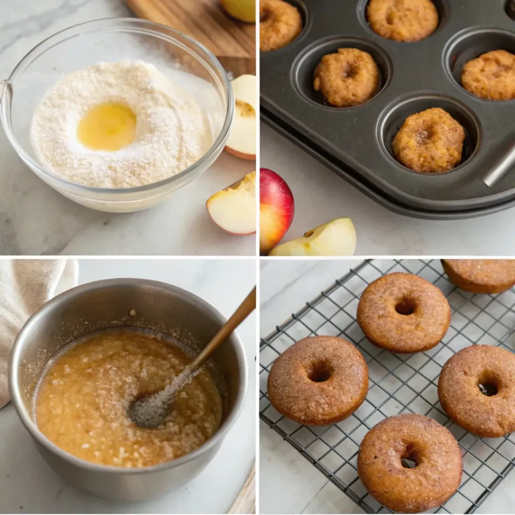 Baked Apple Cider Donuts - Soft Cinnamon Sugar Treats 7 Step-by-step collage showing reducing apple cider, mixing batter, filling donut pan, baking, coating with butter, and rolling in cinnamon sugar.