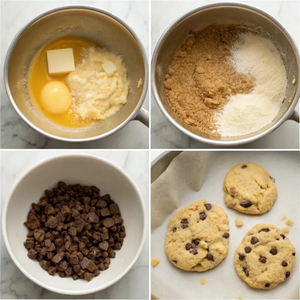 Brown Butter Chocolate Chip Cookies - Chewy Rich Bakery Treats 7 Step-by-step collage showing browning butter, mixing cookie dough, adding chocolate chips, chilling, scooping, and baking cookies.