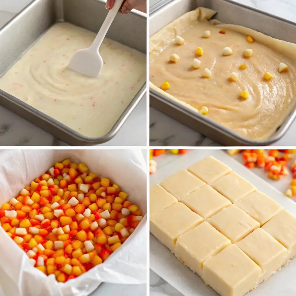 Step-by-step collage showing melting white chocolate, mixing the fudge, pouring into a pan, decorating with candy corn, chilling, and slicing.