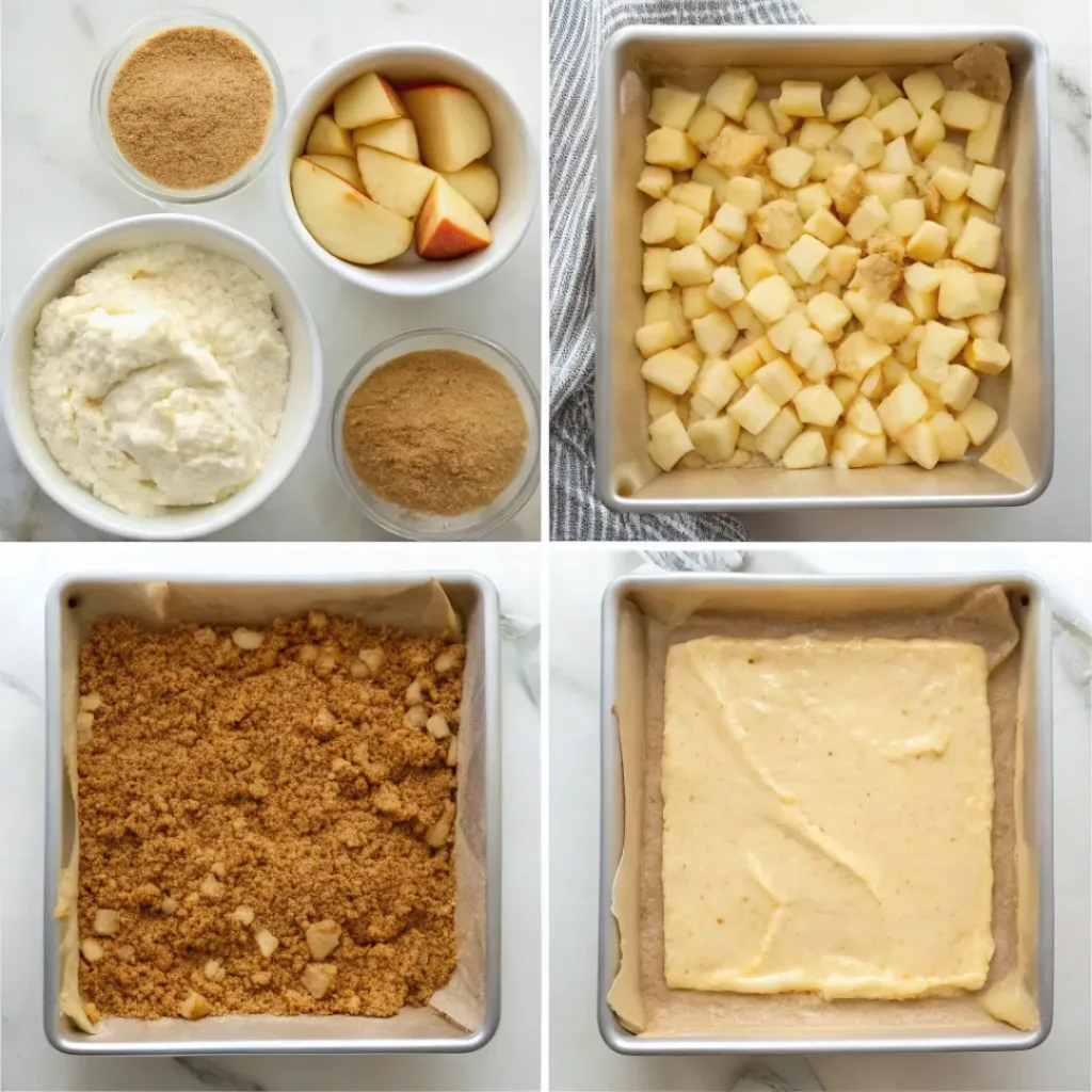 Step-by-step collage showing preparing the crust, mixing cheesecake filling, cooking apples, baking, drizzling caramel, and slicing cheesecake bars.