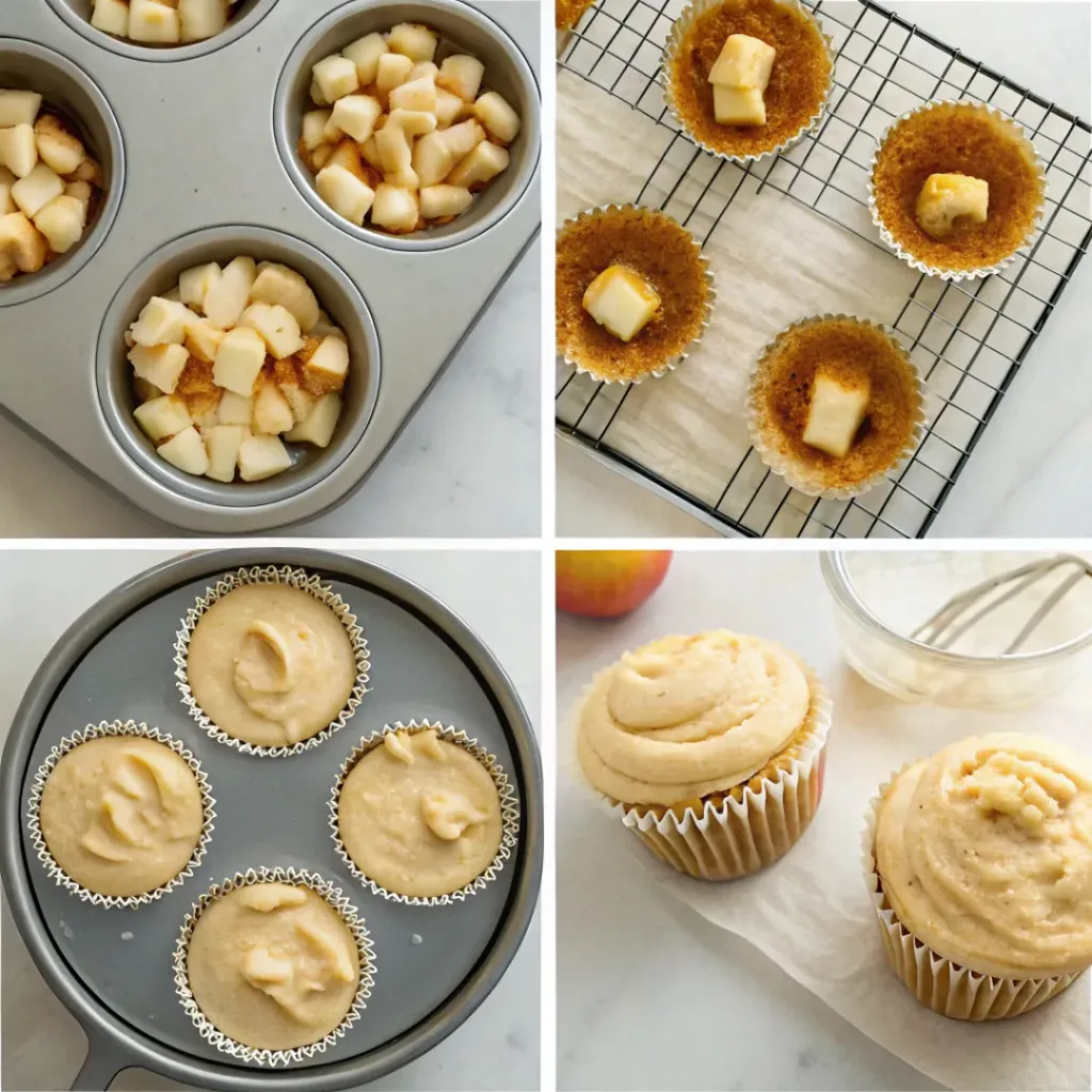 Caramel Apple Cupcakes - Fluffy Moist Autumn Bake 7 Step-by-step collage showing preparing the batter, folding in apples, baking cupcakes, piping caramel buttercream, and decorating caramel apple cupcakes.