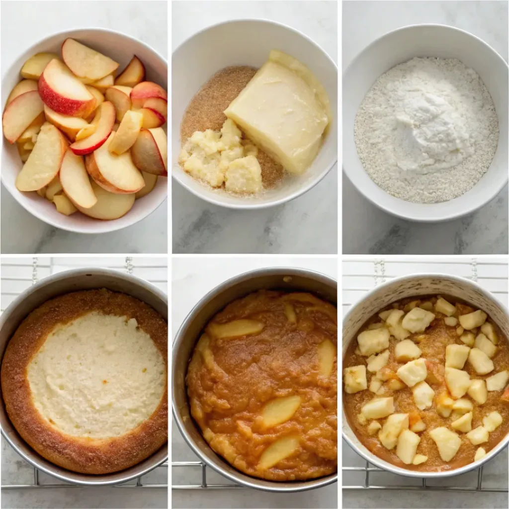 Caramel Apple Layer Cake - Tender Spiced Autumn Bakery Dessert 7 Step-by-step collage showing preparing apples, mixing cake batter, baking layers, making frosting, assembling, and adding caramel.