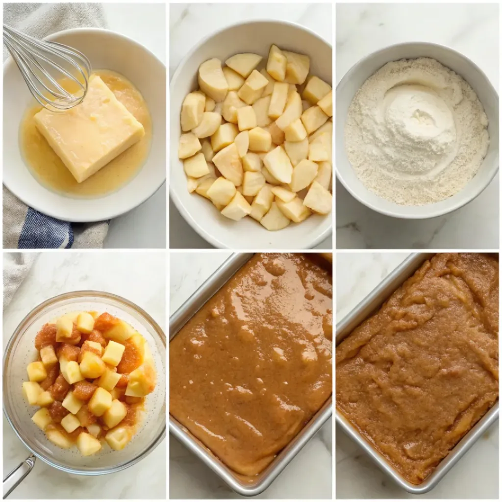 Fresh apples, flour, butter, brown sugar, granulated sugar, eggs, caramel sauce, powdered sugar, cinnamon, vanilla, baking powder, and pecans arranged for making caramel apple sheet cake.