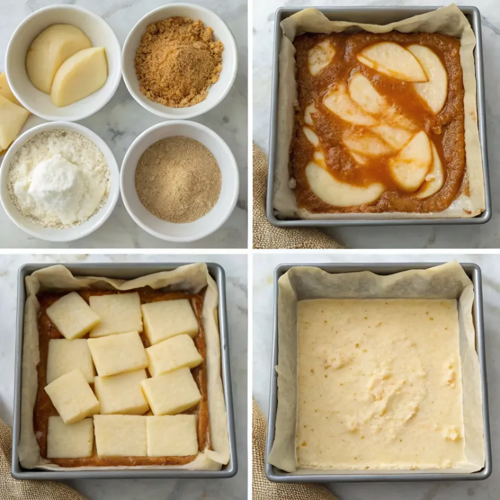 Step-by-step collage showing making the crust, cheesecake filling, cinnamon pears, baking, cooling, and caramel topping.