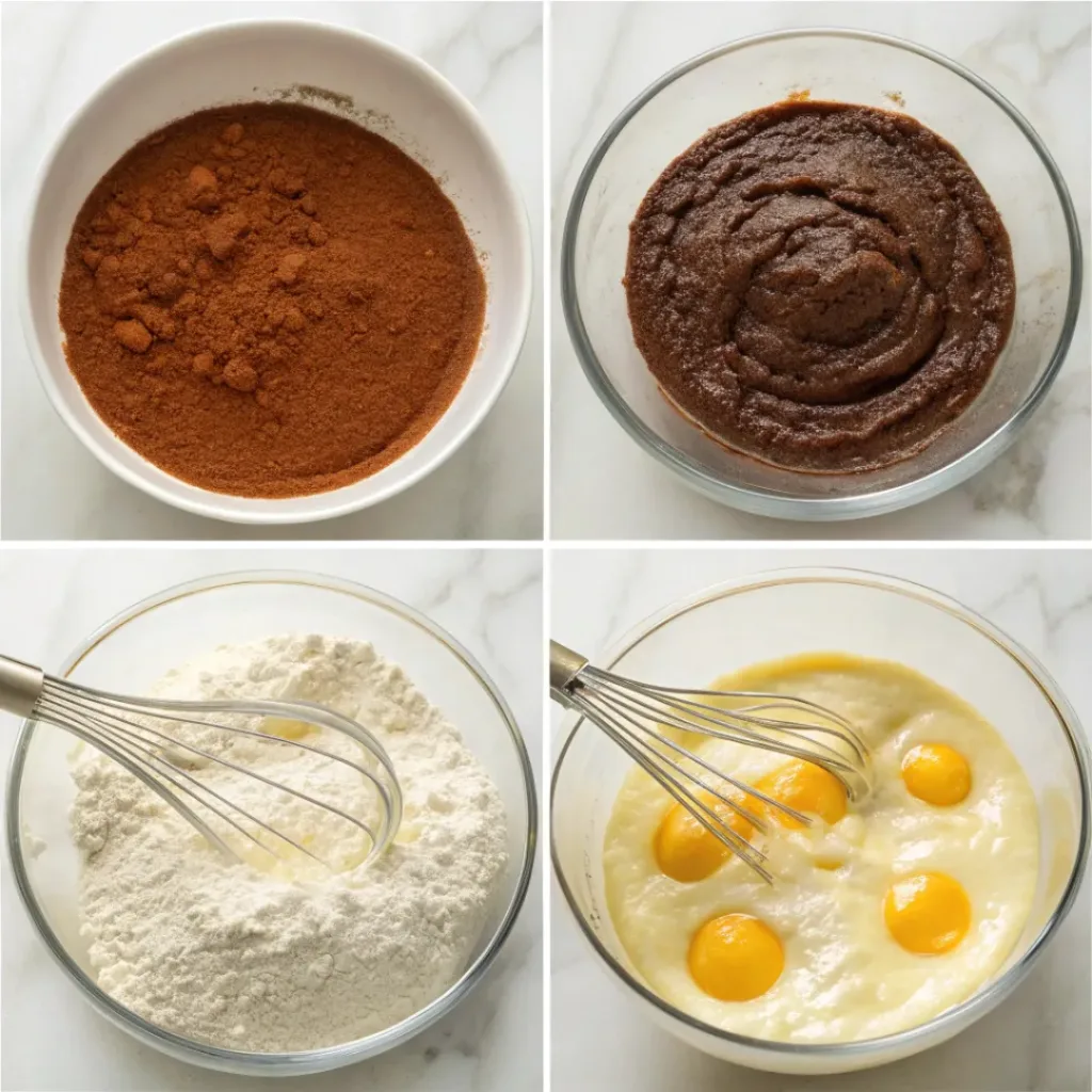Step-by-step collage showing making chocolate batter, whipping egg whites, folding batter, baking, cooling, and glazing chiffon cake.