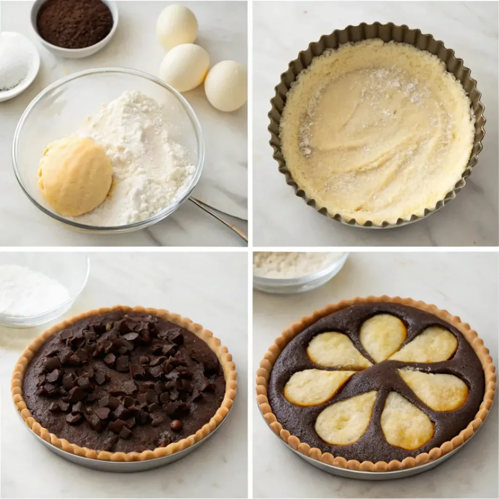 Step-by-step collage showing making pastry, preparing chocolate filling, arranging pears, baking, dusting, and slicing tart.