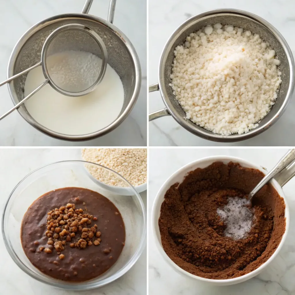 Step-by-step collage showing cooking rice, adding milk and cocoa, melting chocolate, thickening pudding, chilling, and serving.