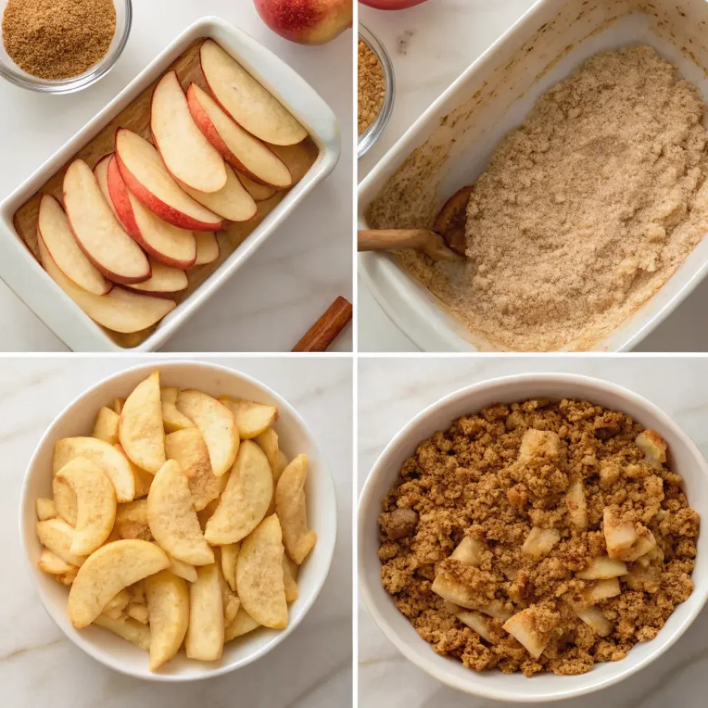 Step-by-step collage showing slicing apples, preparing the filling, making the oat crumble, baking, and serving cinnamon apple crisp.