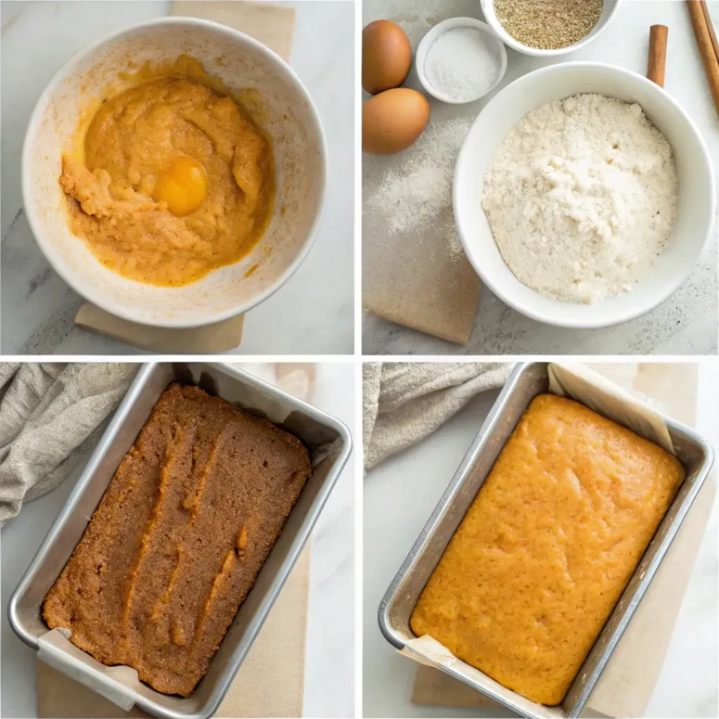 Step-by-step collage showing mixing the batter, pouring into the loaf pan, adding cinnamon sugar topping, baking, cooling, and slicing pumpkin bread.
