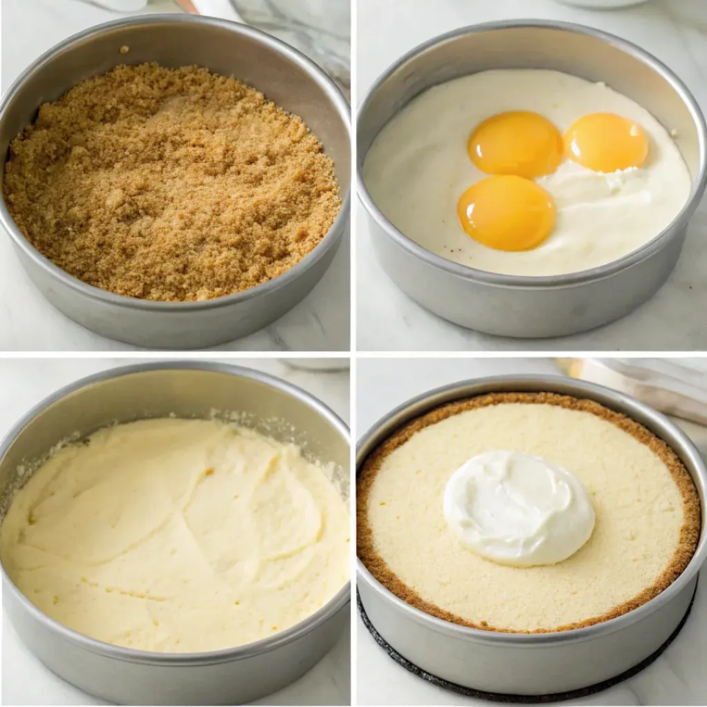 Classic New York Cheesecake - Rich Dense Creamy Slice 7 Step-by-step collage showing preparing the graham cracker crust, mixing cheesecake filling, baking, cooling, and slicing Classic New York cheesecake.