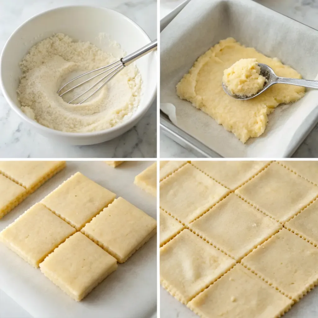 Step-by-step collage showing creaming butter and sugar, mixing dough, shaping cookies, chilling, baking, and cooling shortbread.