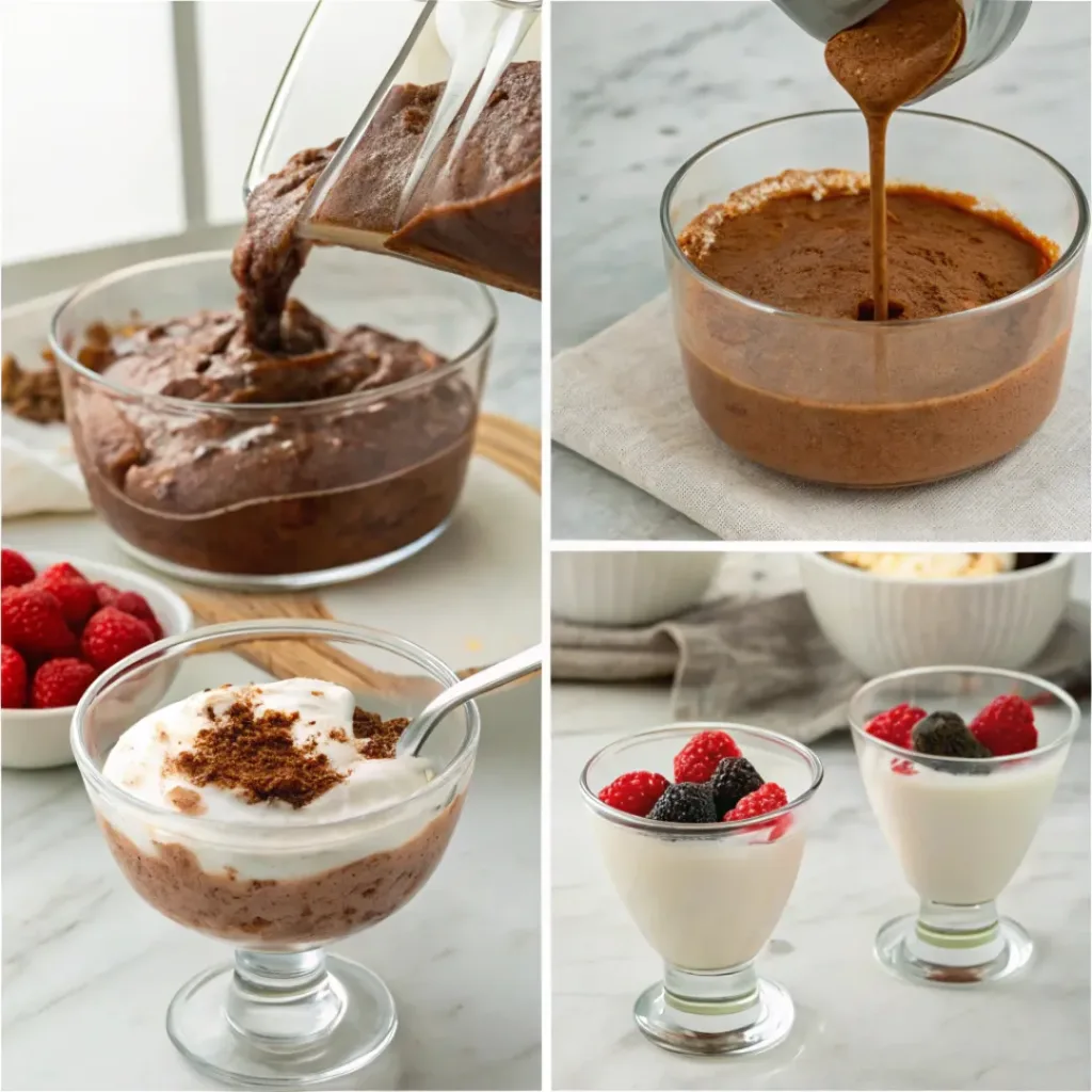 Cottage Cheese Chocolate Mousse - Rich Protein Dessert Showcase 7 Step-by-step collage showing blending the ingredients, melting chocolate, chilling the mousse, and serving cottage cheese chocolate mousse.