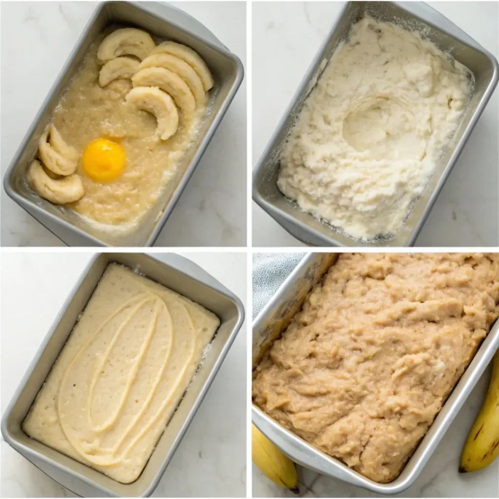 Step-by-step collage showing mashing bananas, mixing batter, preparing cream cheese filling, swirling, baking, and slicing banana bread.