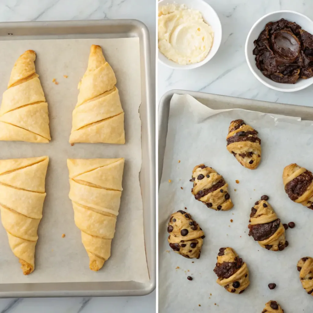 Step-by-step collage showing slicing croissants, stuffing with cookie dough and Nutella, baking, and serving croissant cookie mashups.