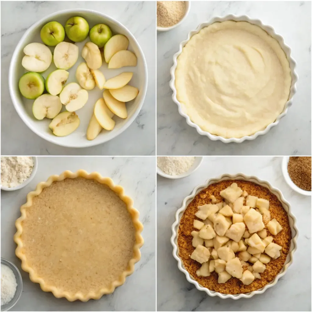 Step-by-step collage showing making pie crust, preparing apples, making streusel, filling, baking, and slicing Dutch apple pie.