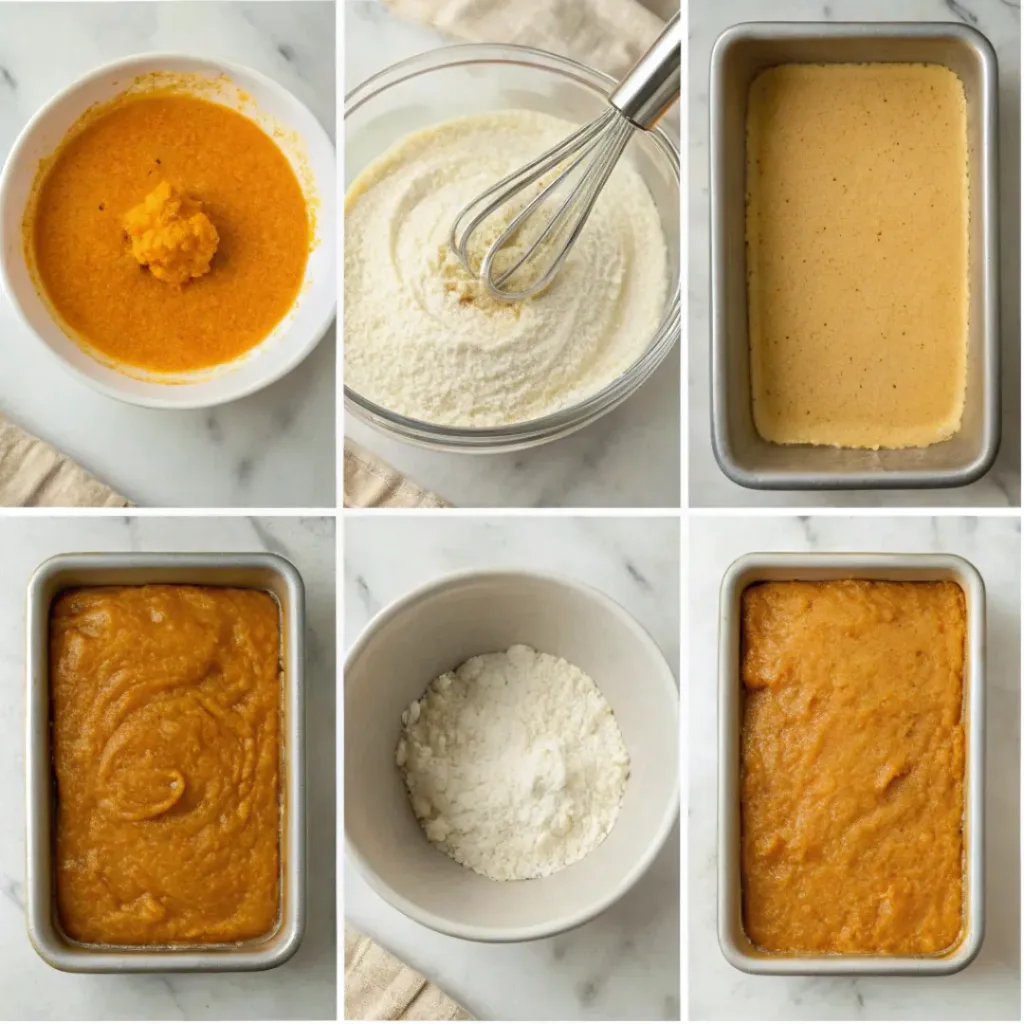 Step-by-step collage showing mixing pumpkin cake batter, baking, soaking with three milks, topping with whipped cream, and slicing.