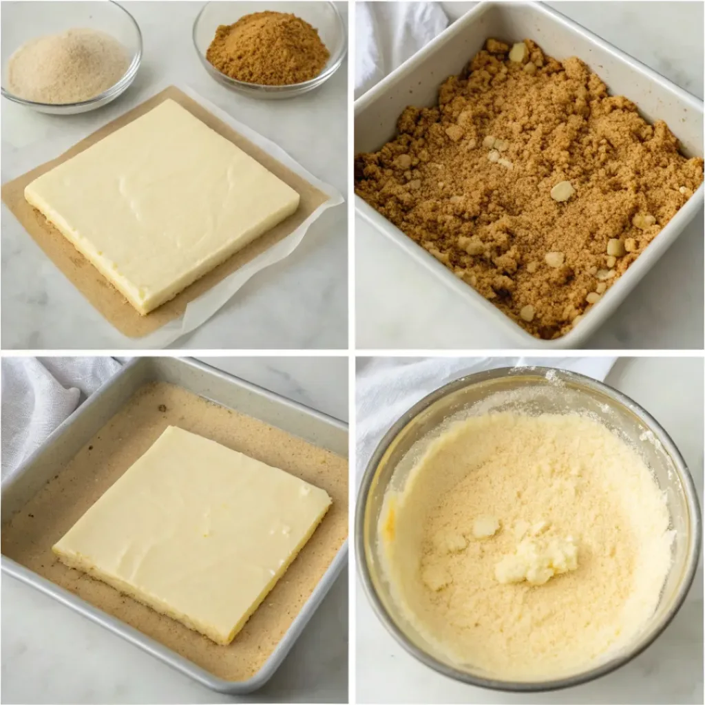 Eggnog Cheesecake Bars - Creamy Spiced Dessert Squares 7 Step-by-step collage showing making the graham cracker crust, mixing eggnog cheesecake filling, baking, chilling, and slicing bars.
