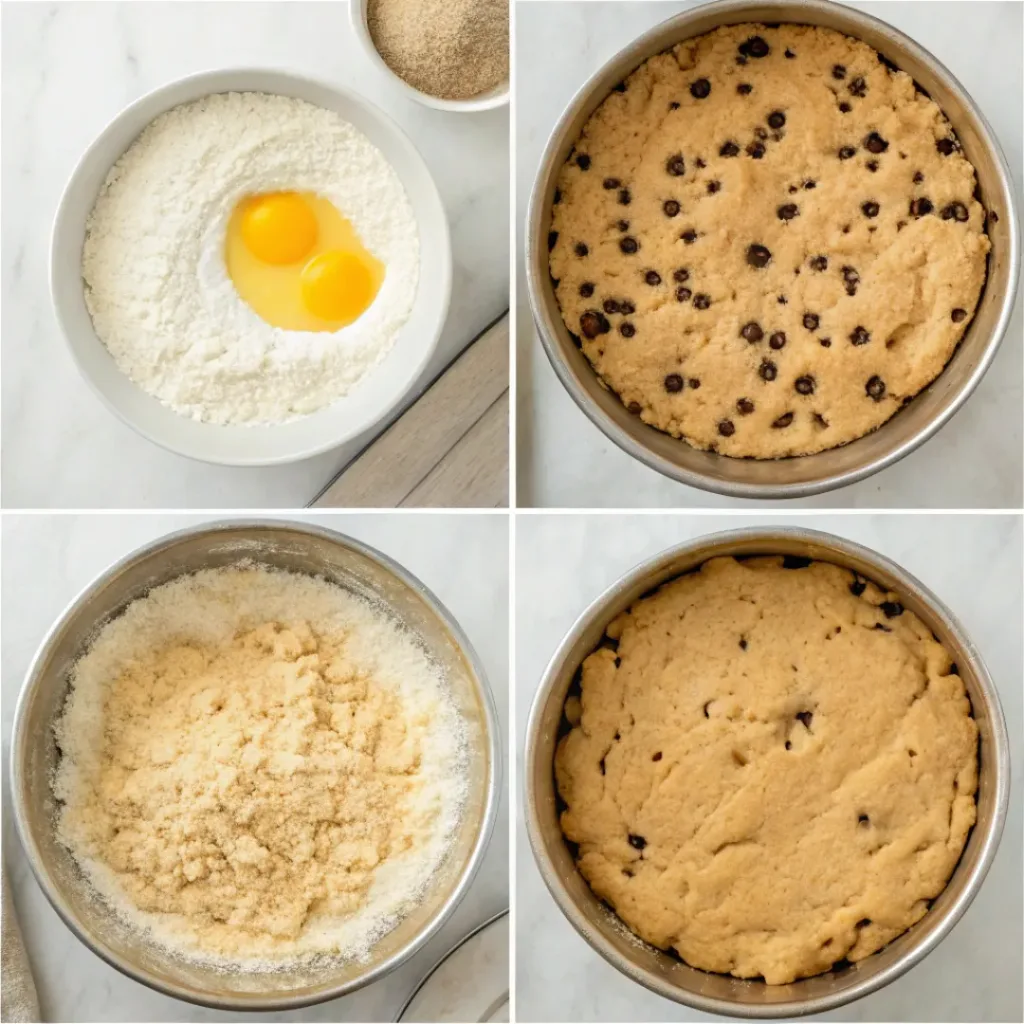 Step-by-step collage showing mixing cookie dough, adding chocolate chips, shaping, baking, cooling, and decorating cookie cake.