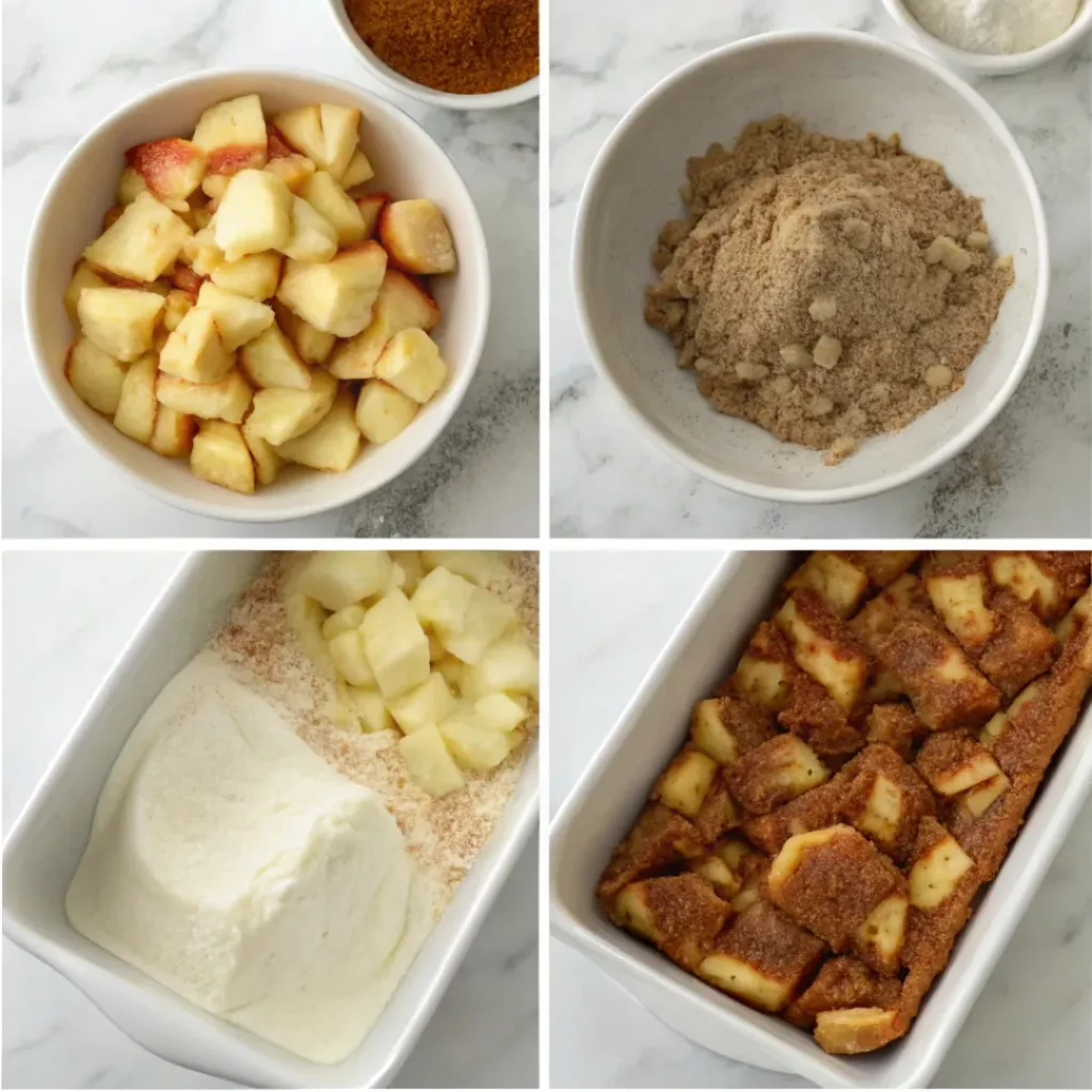 Glazed Apple Fritter Bread - Moist Cinnamon Swirl Bakery Loaf 7 Step-by-step collage showing preparing apples, making batter, layering cinnamon apples, baking, glazing, and slicing.