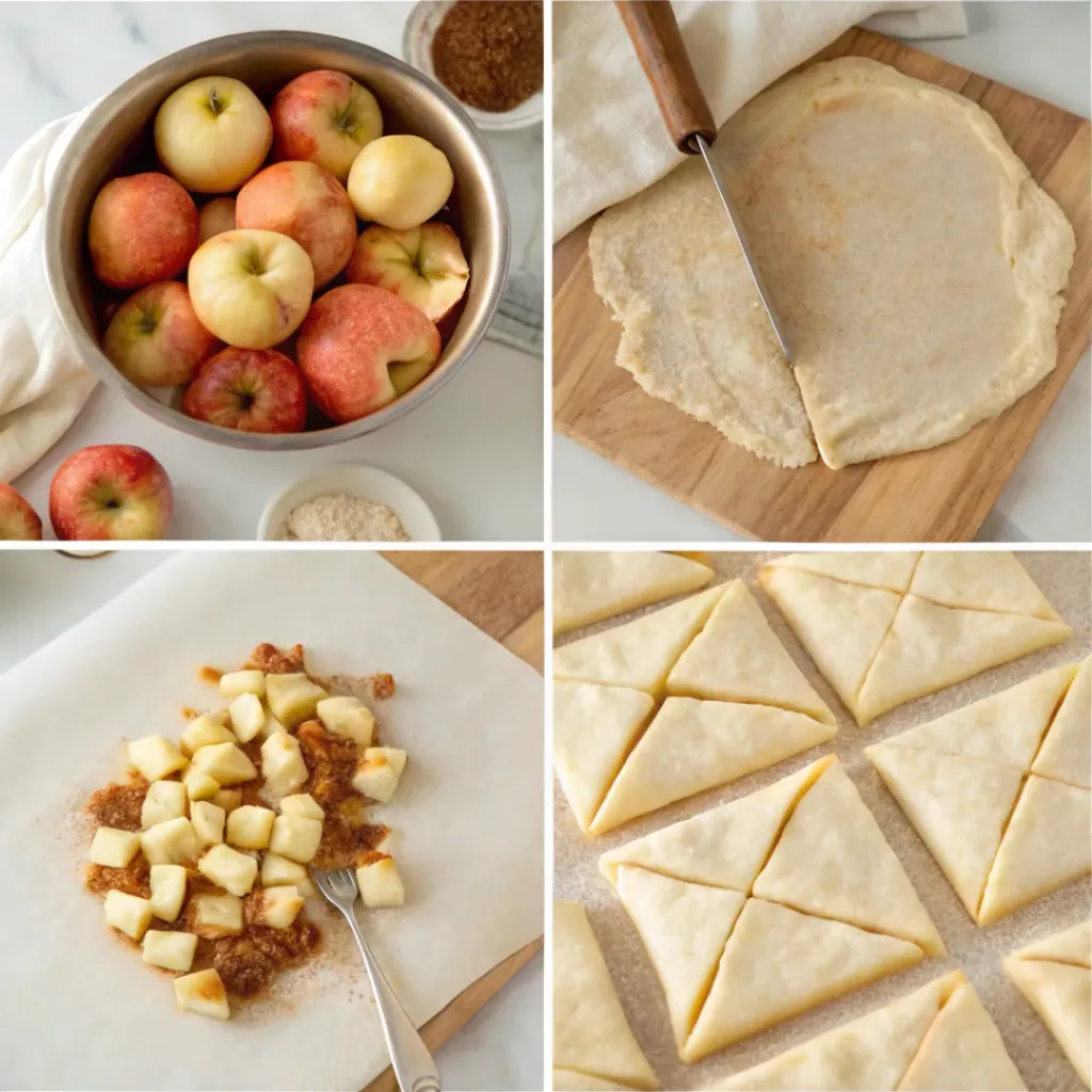 Step-by-step collage showing preparing cinnamon apples, filling puff pastry, folding turnovers, baking, and serving.