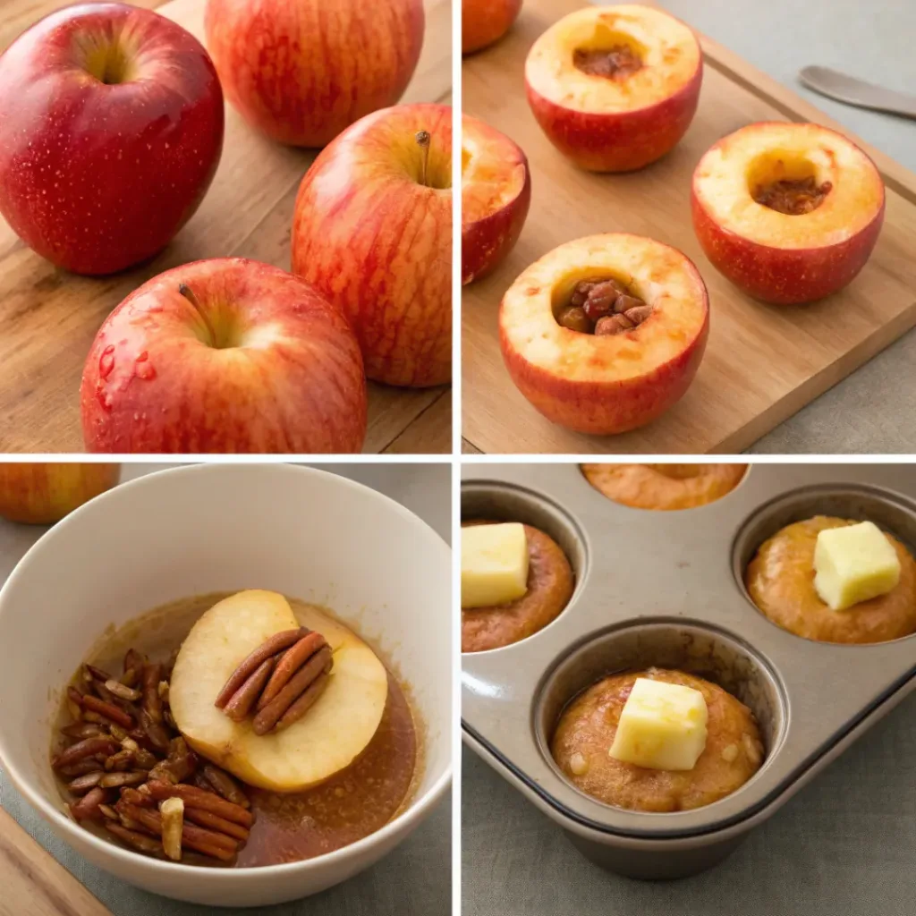Honey Baked Apples - Tender Sweet Cinnamon Autumn Treats 7 Step-by-step collage showing coring apples, adding honey and cinnamon, filling with pecans, baking, and serving.