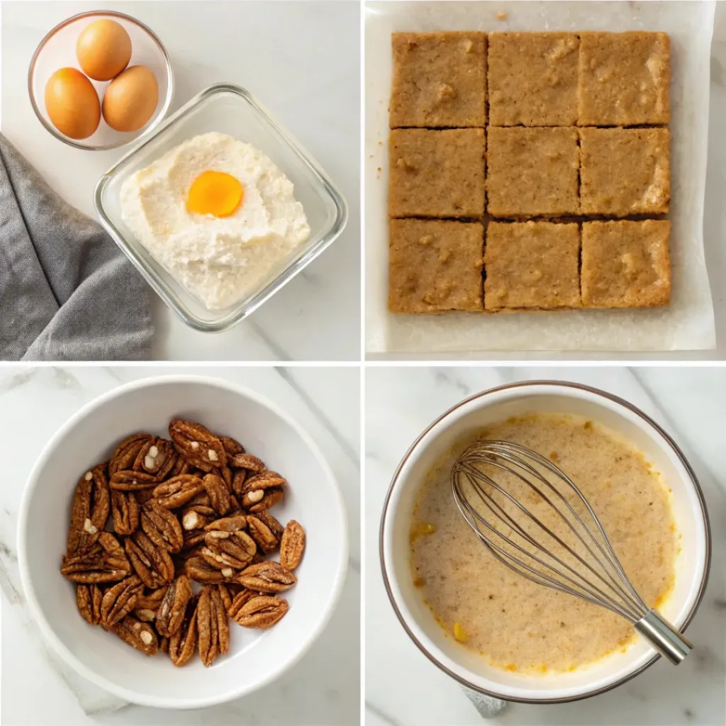 Maple Pecan Blondies - Chewy Nutty Brown Sugar Bars 7 Step-by-step collage showing mixing the batter, folding in pecans, baking, glazing, and slicing maple pecan blondies.