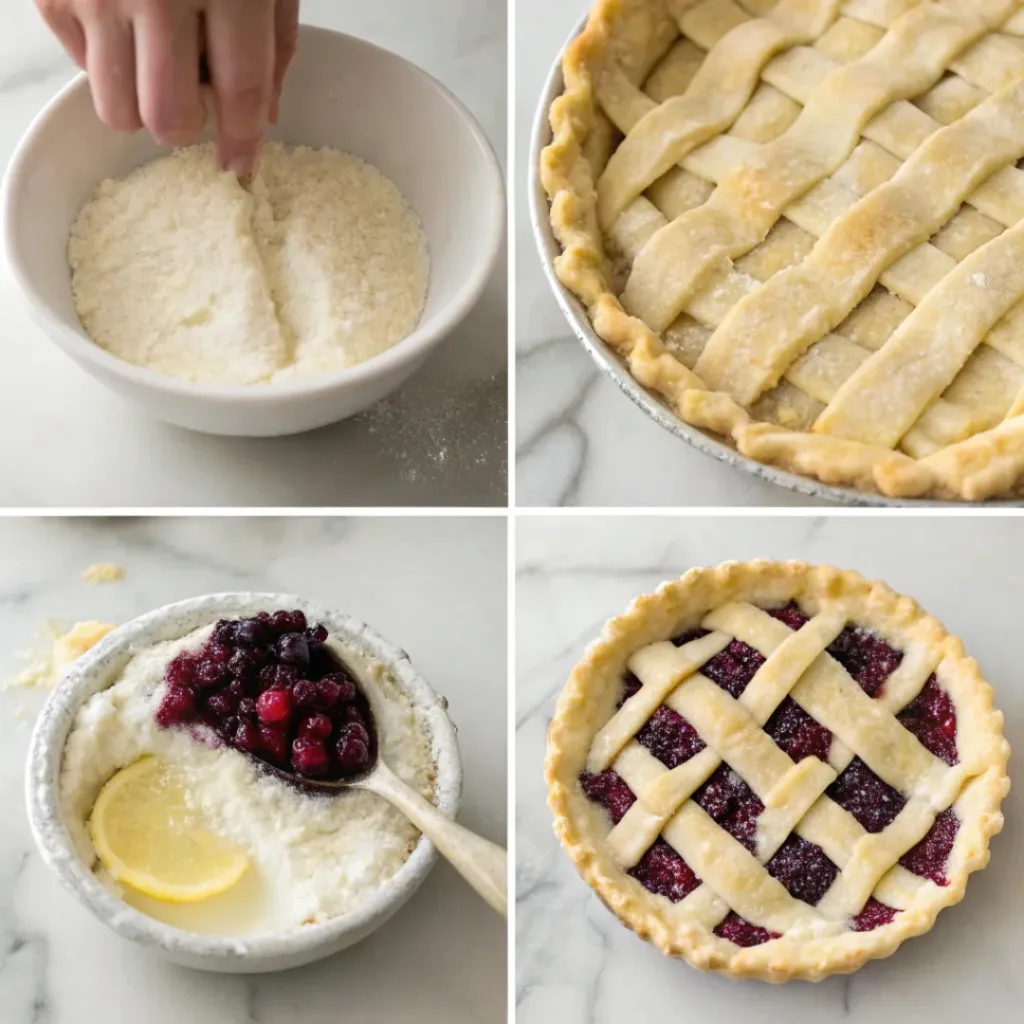 Step-by-step collage showing preparing pastry, mixing marionberry filling, assembling the lattice, baking, cooling, and slicing the pie.