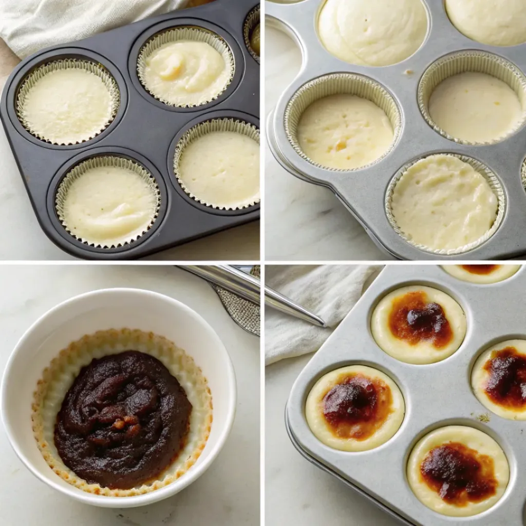 Step-by-step collage showing mixing the cheesecake batter, lining muffin cups with parchment, filling, baking until caramelized, cooling, and serving mini Basque cheesecakes.