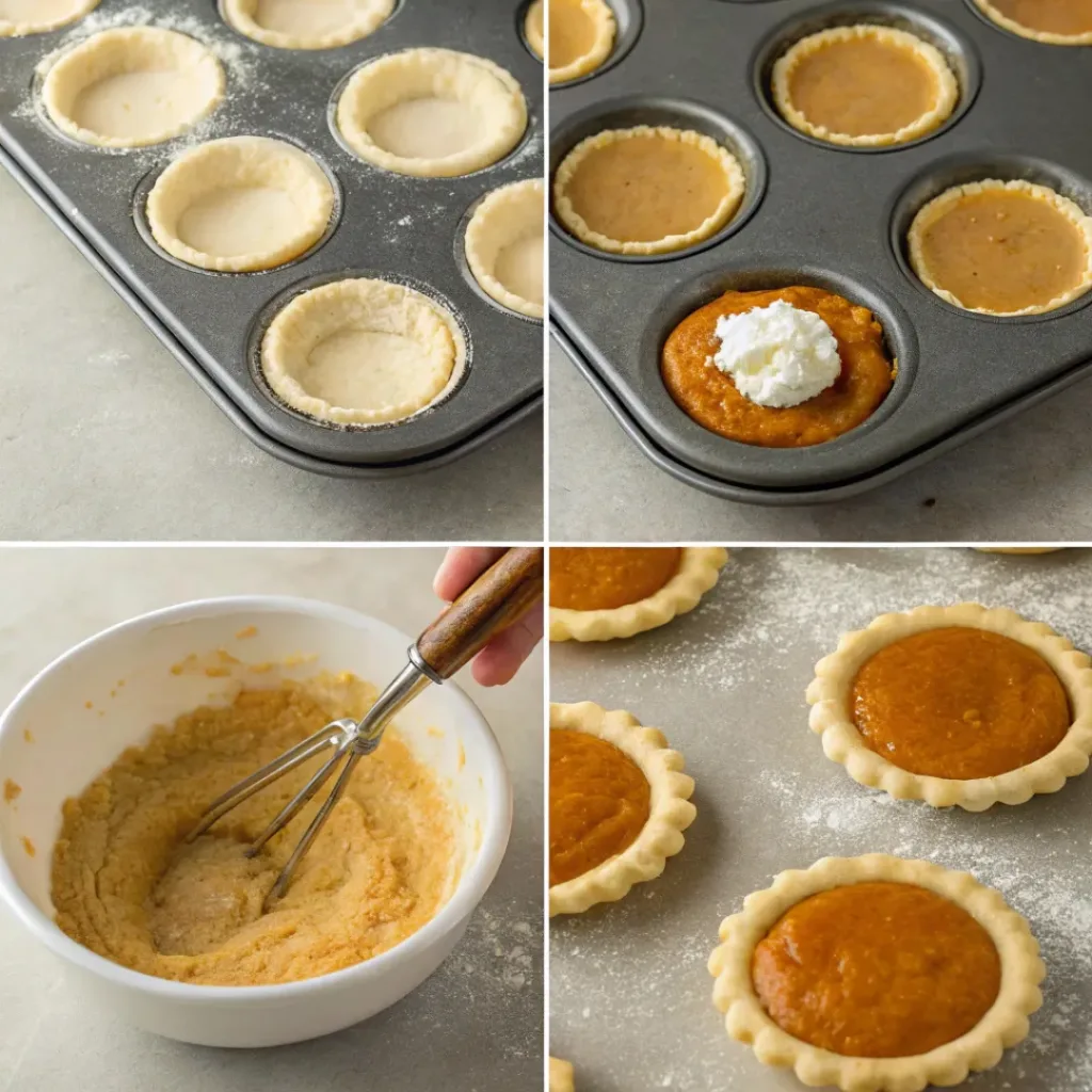 Step-by-step collage showing cutting pie crust, fitting muffin cups, adding pumpkin filling, baking, cooling, and decorating mini pies.