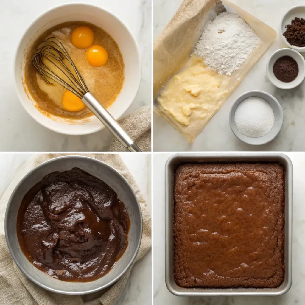 Mocha Brownies - Rich Fudgy Espresso Frosted Squares 7 Step-by-step collage showing melting chocolate and butter, mixing mocha brownie batter, baking, glazing, and slicing fudgy brownies.