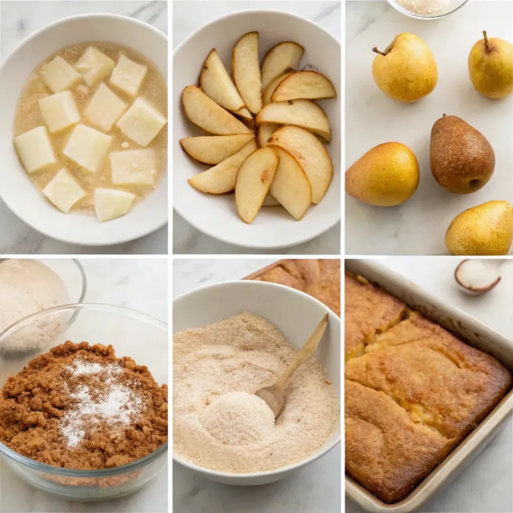 Moist Cinnamon Pear Cake - Tender Spiced Autumn Bakery Dessert 7 Step-by-step collage showing preparing pears, mixing cinnamon cake batter, arranging pears, baking, cooling, and slicing the cake.