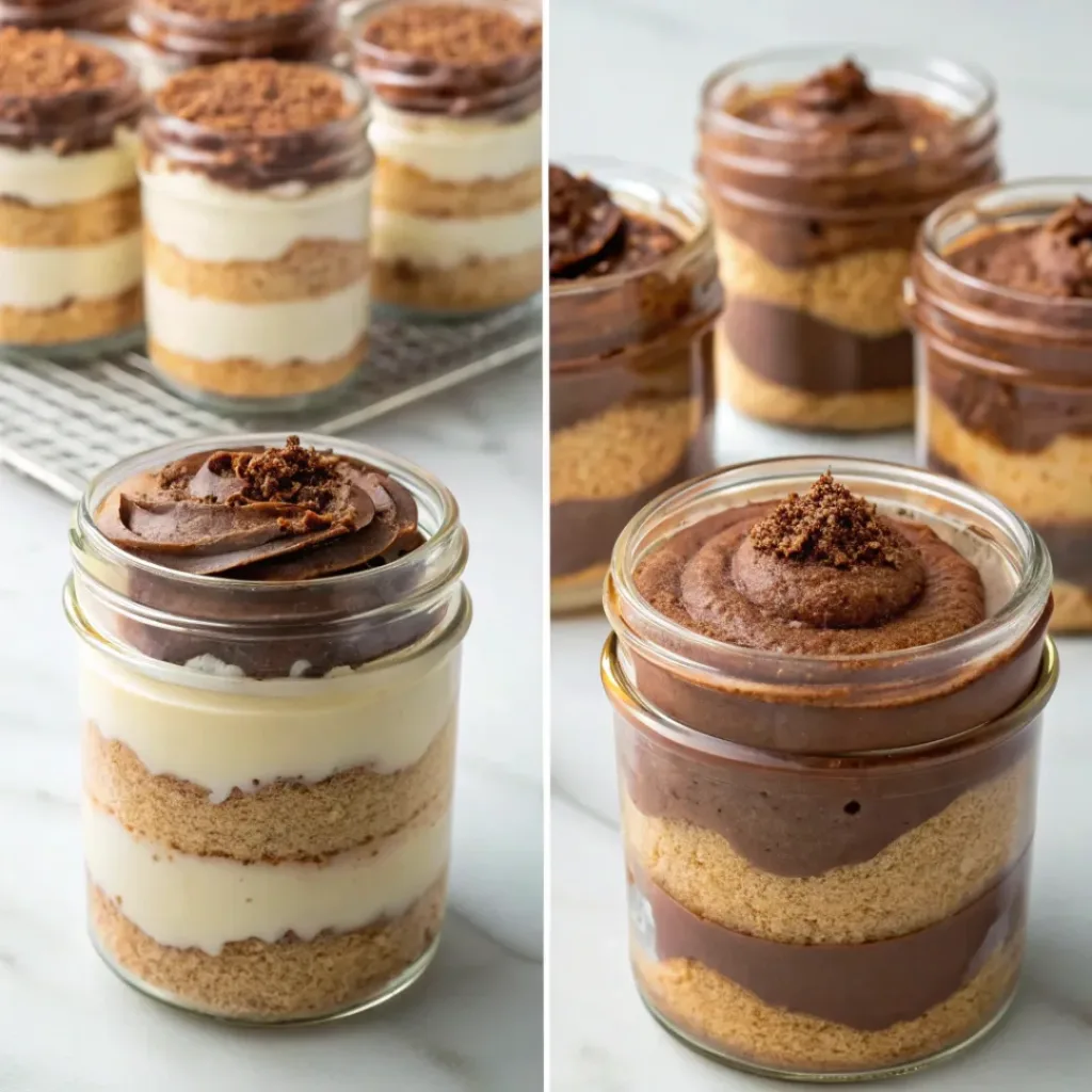 No-Bake Nutella Cheesecake Jars - Easy Decadent Individual Treats 7 Step-by-step collage showing preparing the cookie base, making the Nutella cheesecake filling, layering the jars, chilling, decorating, and serving.