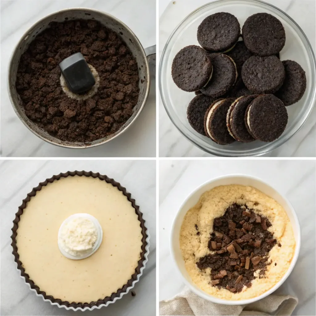 Step-by-step collage showing crushing Oreo cookies, making the crust, mixing cheesecake filling, folding in cookies, chilling, and slicing.