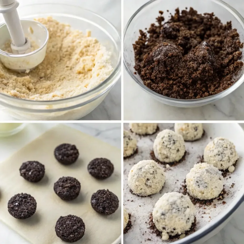 Step-by-step collage showing crushing Oreos, mixing cheesecake filling, rolling the bites, chilling, decorating, and serving no-bake Oreo cheesecake bites.