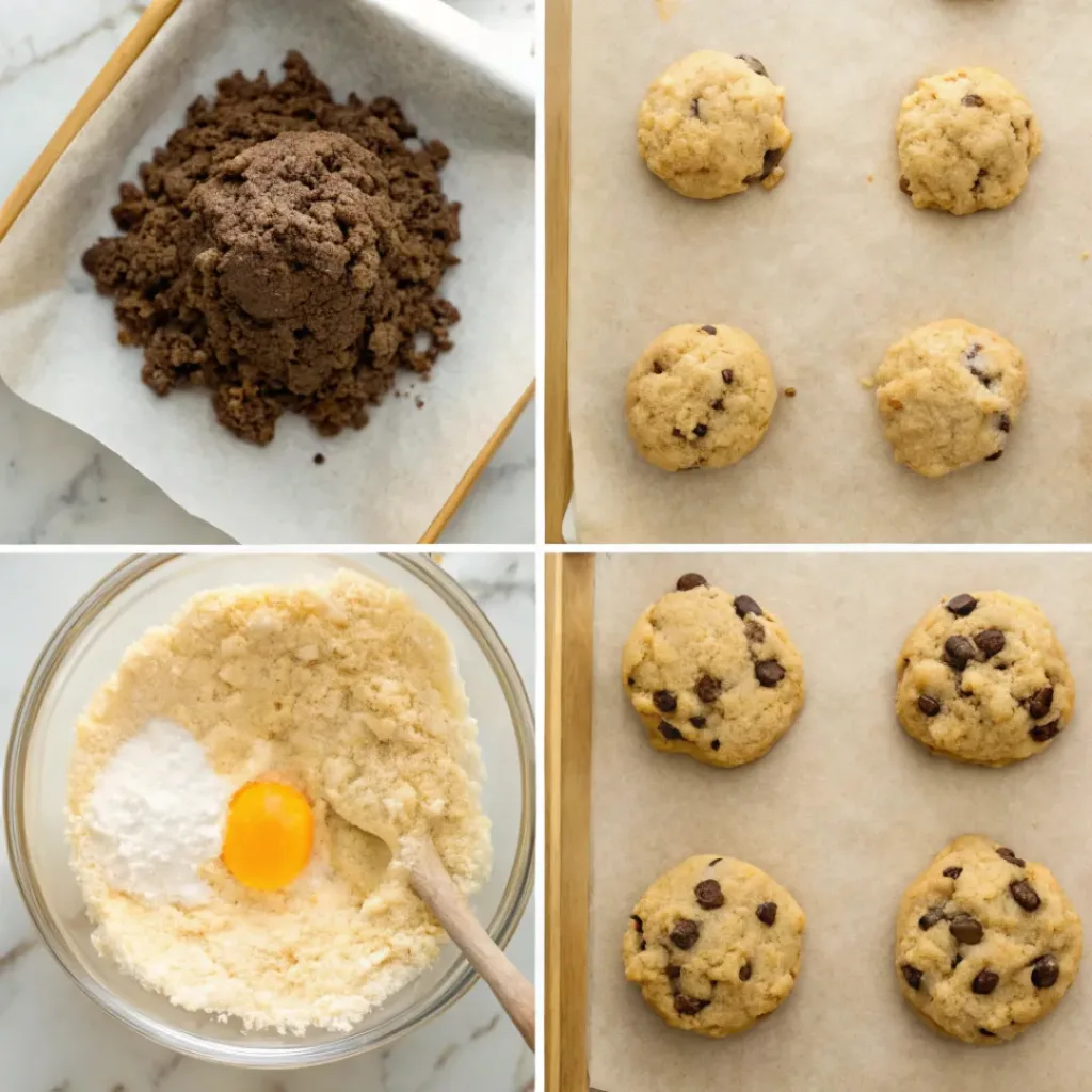 Step-by-step collage showing mixing cookie dough, adding oats and chocolate chips, scooping, baking, and serving oatmeal chocolate chip cookies.
